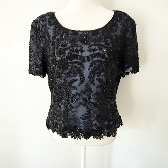Vintage Womens Floral Beaded Silk Top Medium Petite Evening Event Cruise Glam - Picture 1 of 7
